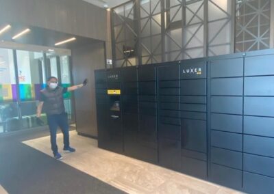 Lockourier package lockers installation at Skyrise Rentals during COVID-19 pandemic