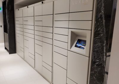 Lockourier package lockers in white installed at 18 Erskine Condo in Toronto Canada